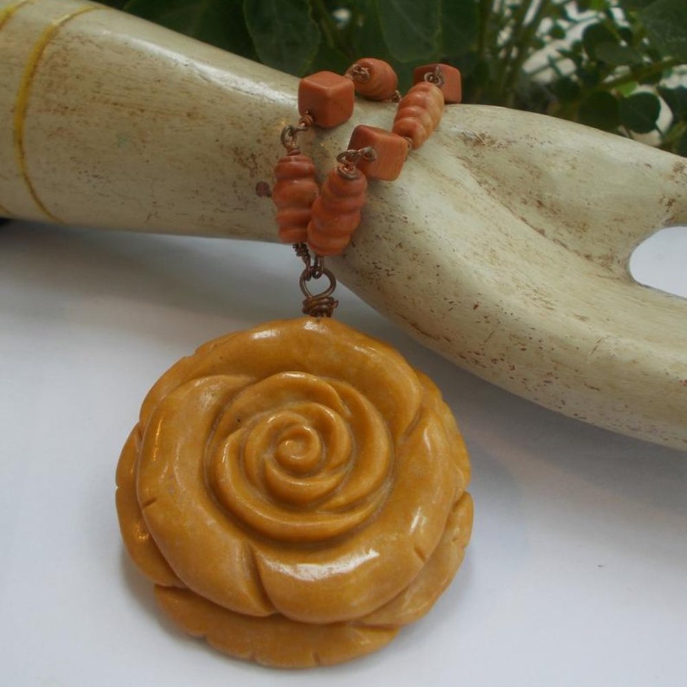 Yellow Jasper Carved Rose Pendant Necklace